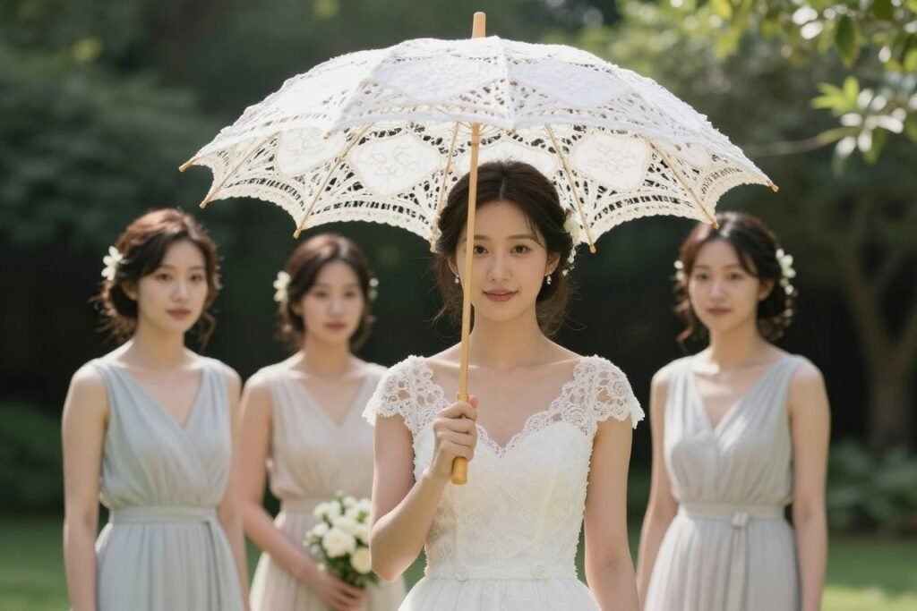 bridesmaid with parasol for sun protection at outdoor wedding