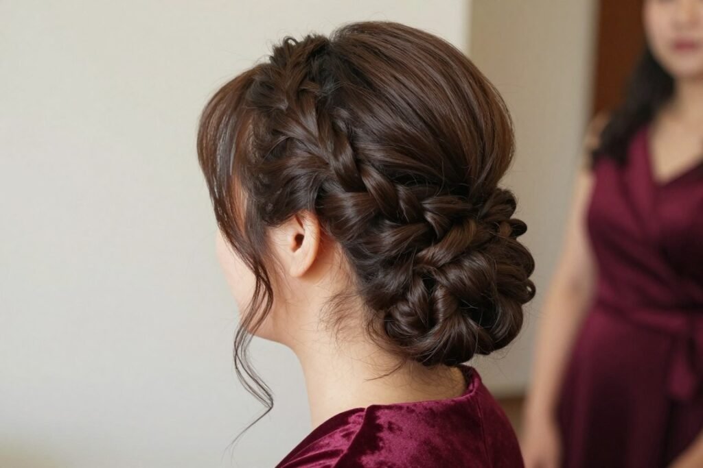 bridesmaid with thick hair elaborate braided style