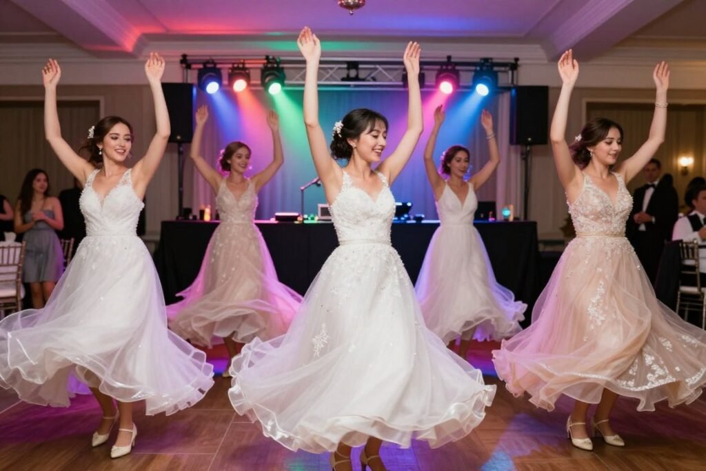 bridesmaids dancing together at reception
