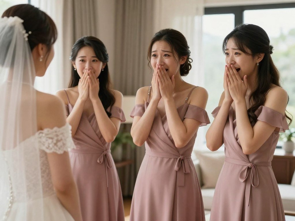 bridesmaids emotional reaction seeing bride in wedding dress first look bridesmaids emotional reaction seeing bride in wedding dress first look