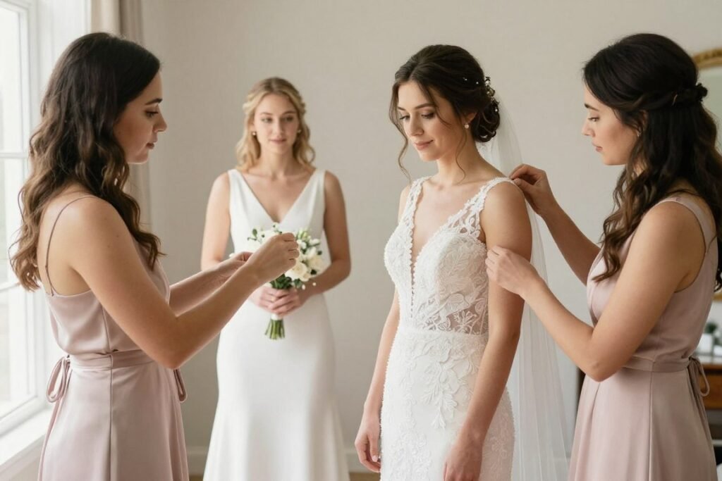 bridesmaids final dress fitting before wedding