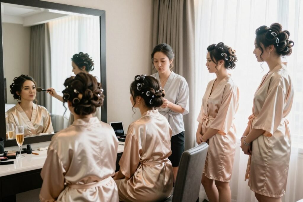 bridesmaids getting ready in matching robes