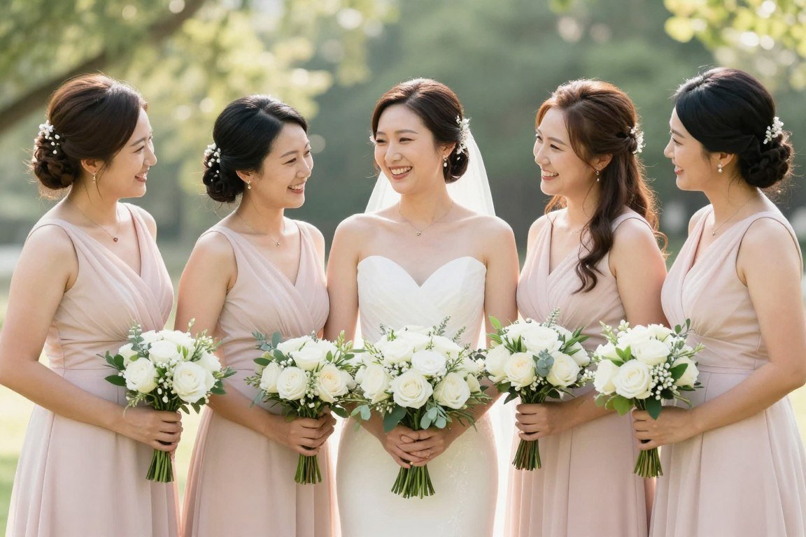 bridesmaids holding bouquets in coordinated dresses standing together outdoors