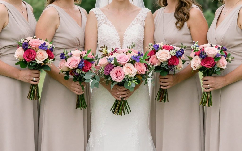 bridesmaids holding vibrant colorful bouquets with neutral dresses