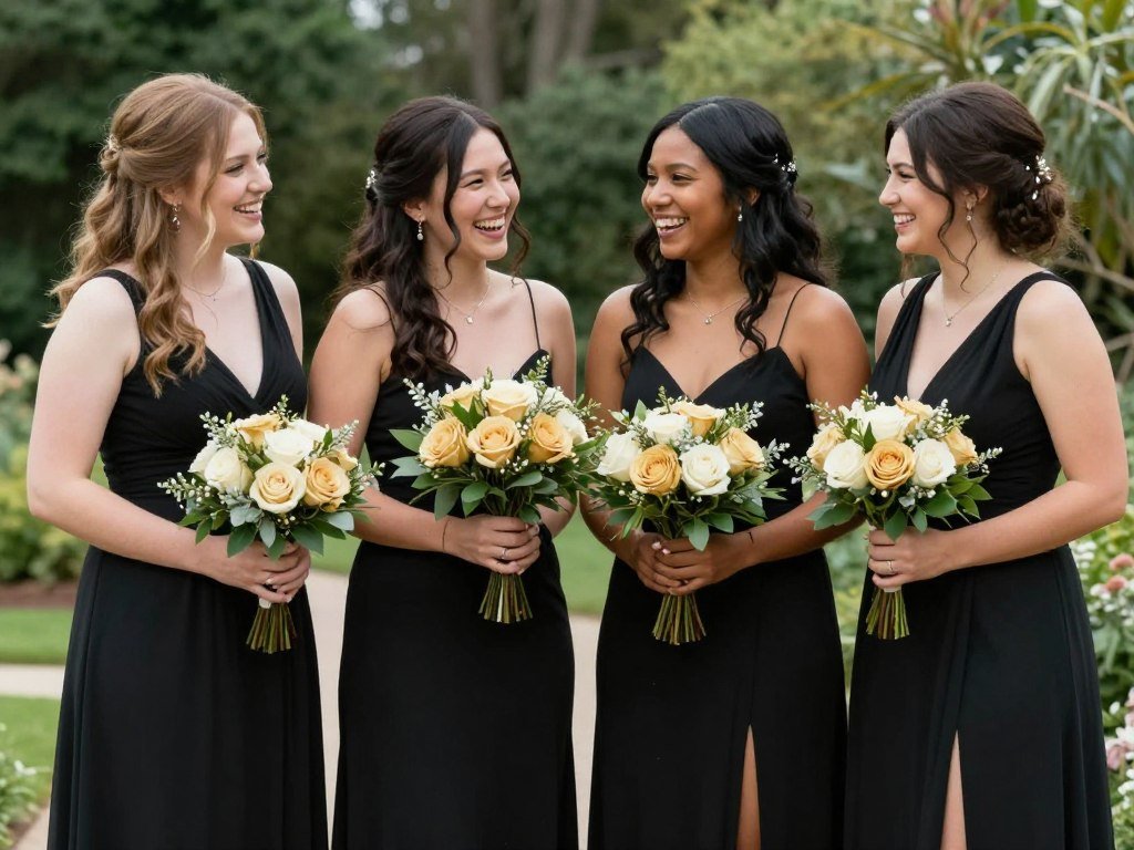 bridesmaids in black dresses holding gold bouquets