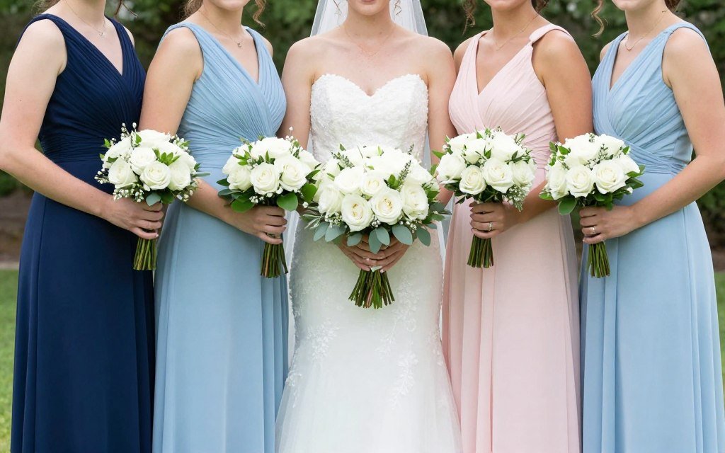 bridesmaids in coordinated different shade dresses with matching bouquets bridesmaids in coordinated different shade dresses with matching bouquets