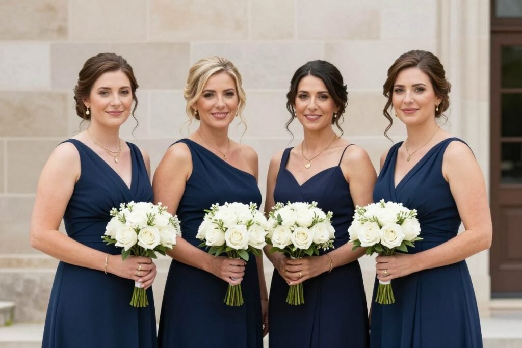 bridesmaids in coordinated dresses with bouquets