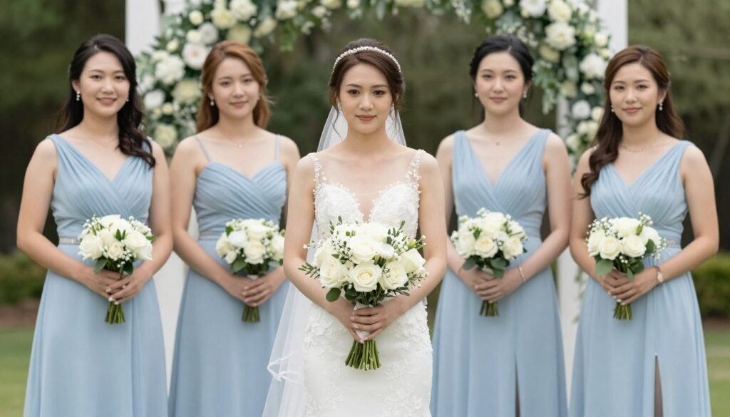 bridesmaids in different styles of light blue dresses coordinated together