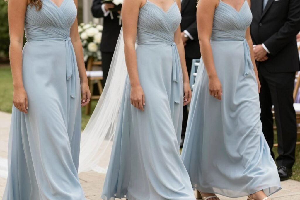 bridesmaids in long dresses walking down aisle