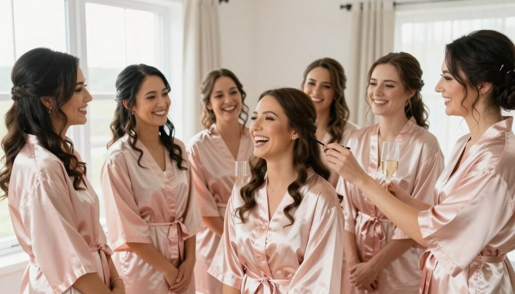 bridesmaids in matching robes getting ready