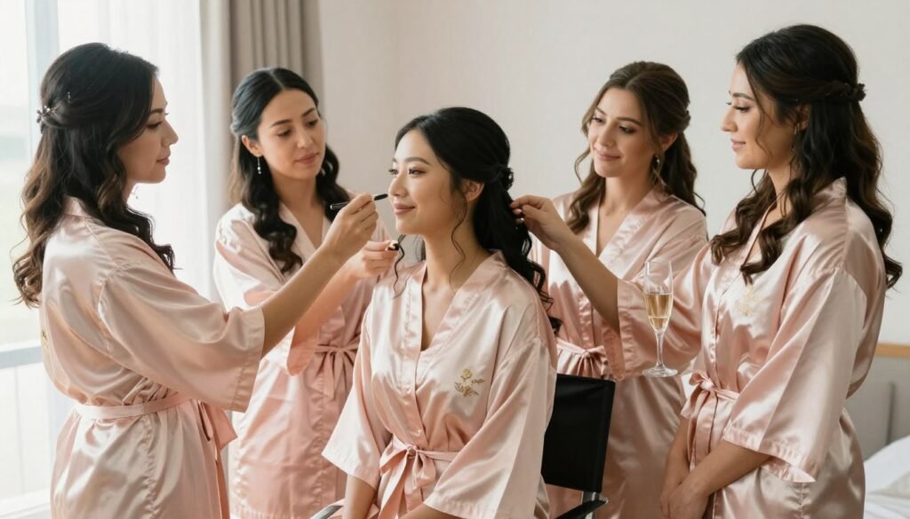 bridesmaids in matching robes getting ready on wedding day