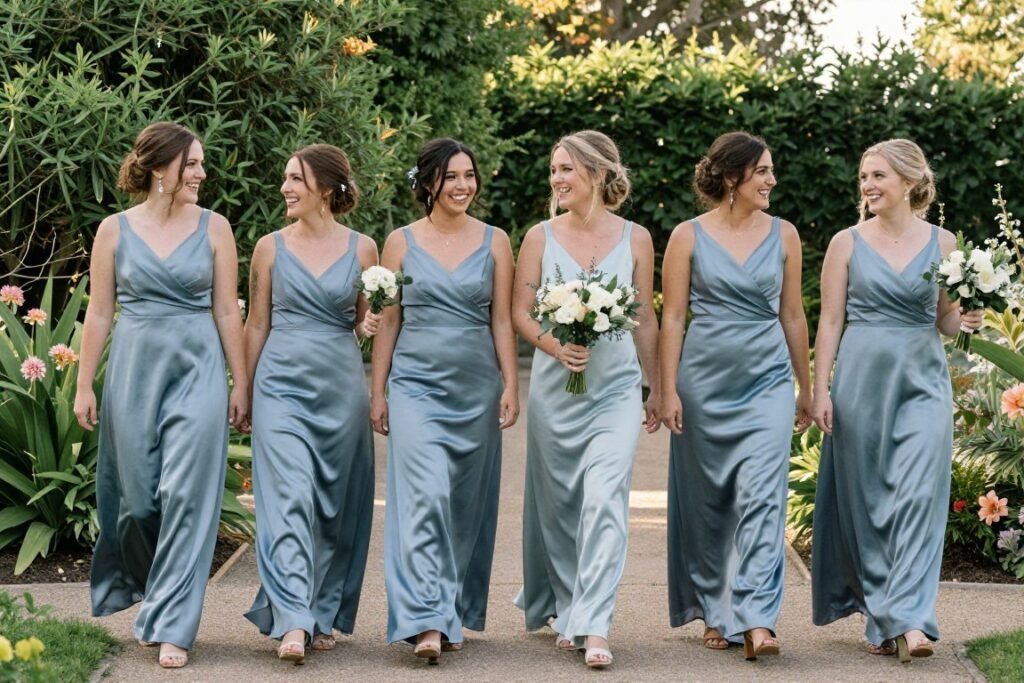 bridesmaids in matching satin dresses walking outdoors
