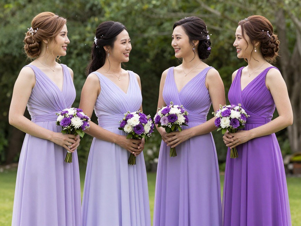 bridesmaids in mismatched purple dresses
