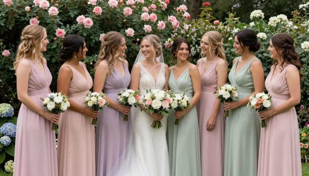 bridesmaids in pastel dresses garden wedding ceremony