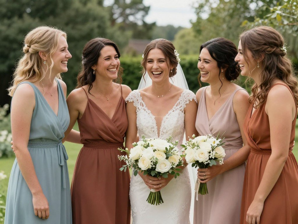 bridesmaids laughing and enjoying summer wedding celebration