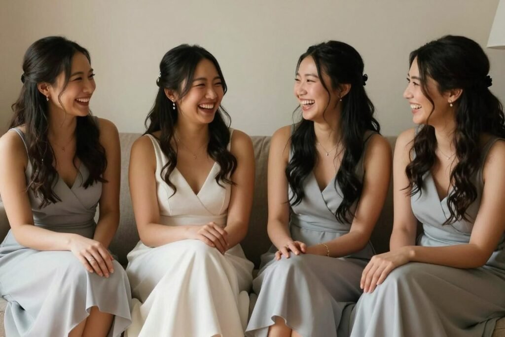 bridesmaids laughing together candid shot