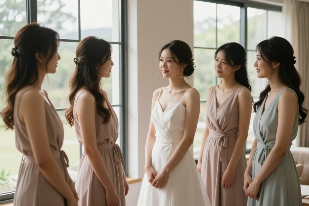 bridesmaids near window with natural light