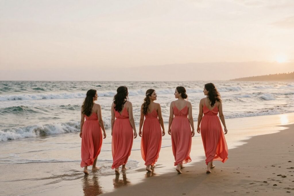 bridesmaids on beach at sunset