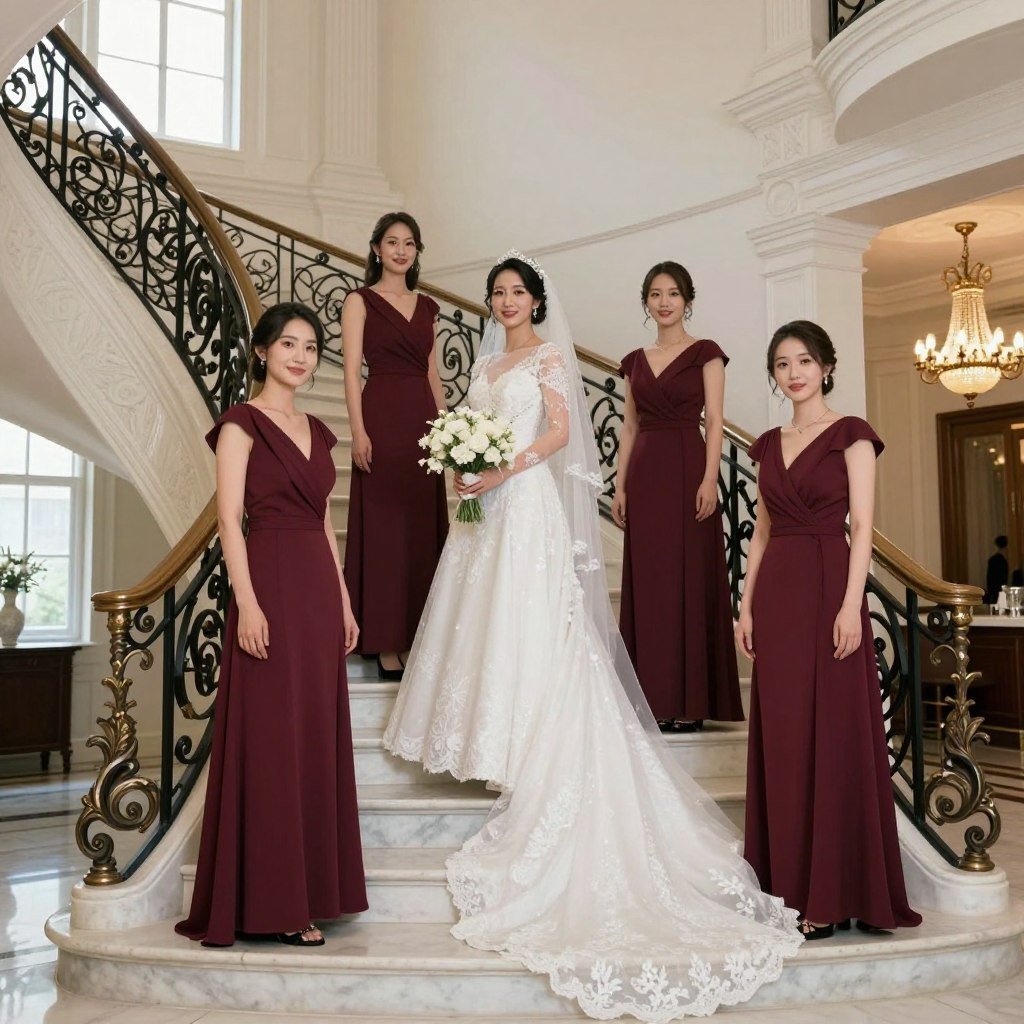 bridesmaids on elegant venue staircase showing dress details bridesmaids on elegant venue staircase showing dress details