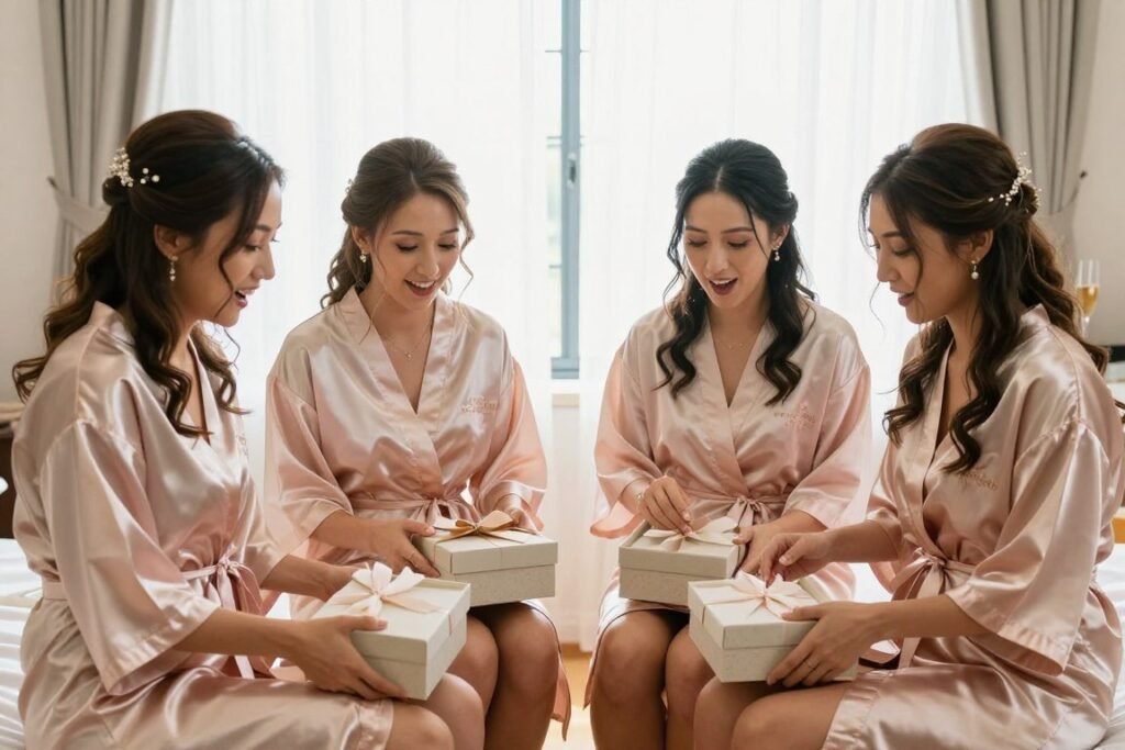 bridesmaids opening gift boxes together on wedding day morning bridesmaids opening gift boxes together on wedding day morning