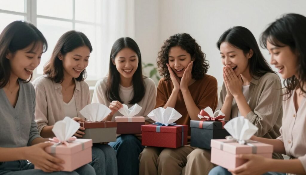 bridesmaids opening proposal gift boxes together with excited expressions