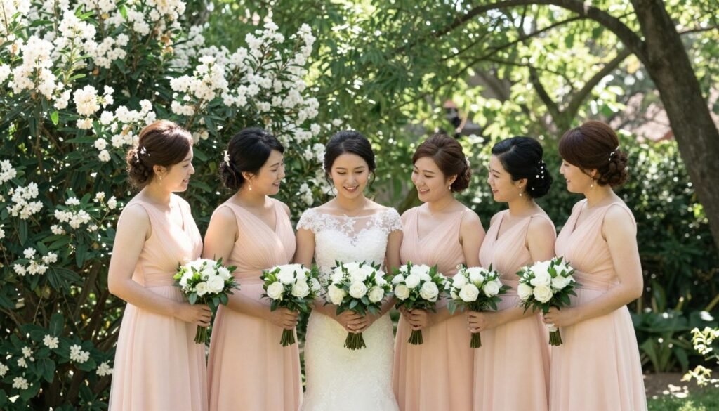 bridesmaids outdoors in garden setting