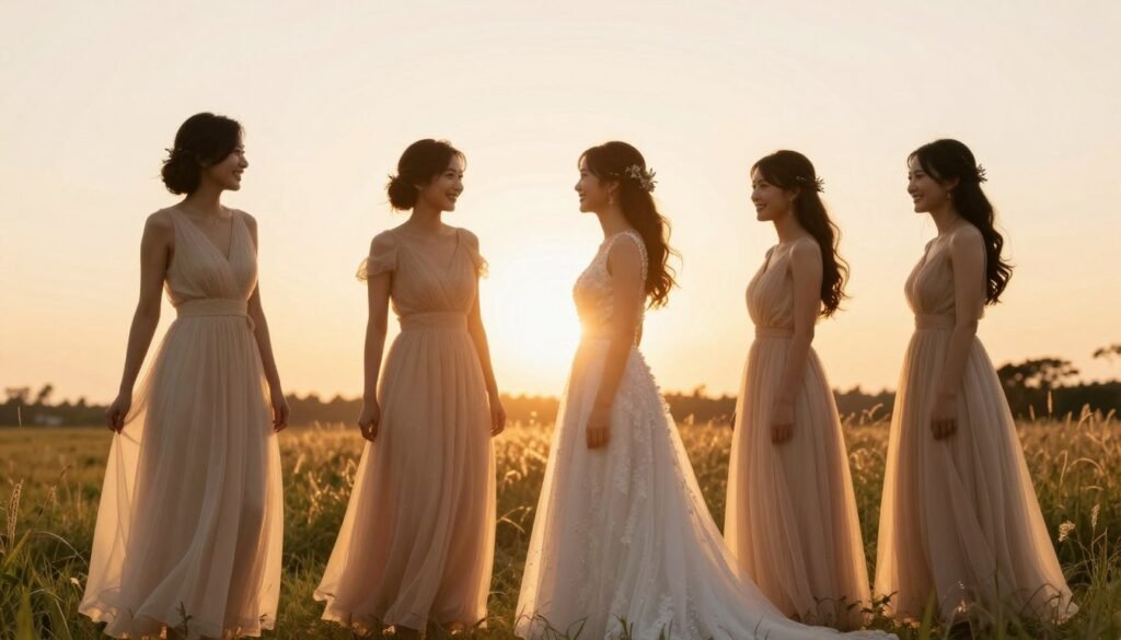 bridesmaids photographed during golden hour with warm sunset light bridesmaids photographed during golden hour with warm sunset light