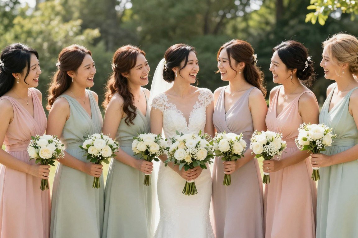 bridesmaids photos group pose outdoors with bride
