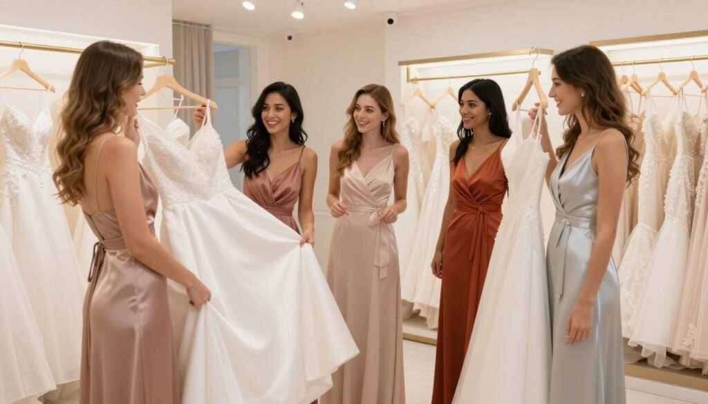 bridesmaids shopping for dresses in boutique together