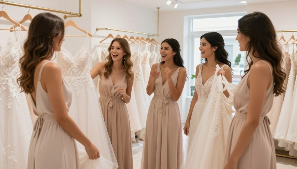 bridesmaids shopping for dresses together at bridal boutique