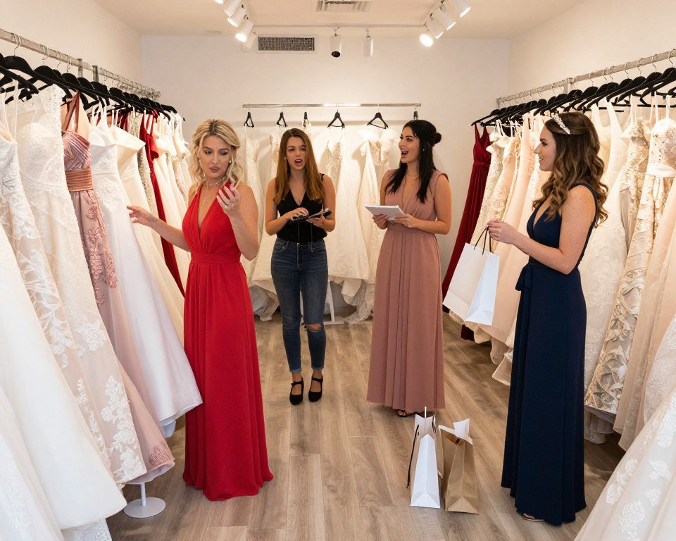 bridesmaids shopping together for colorful dresses in bridal boutique trying on options