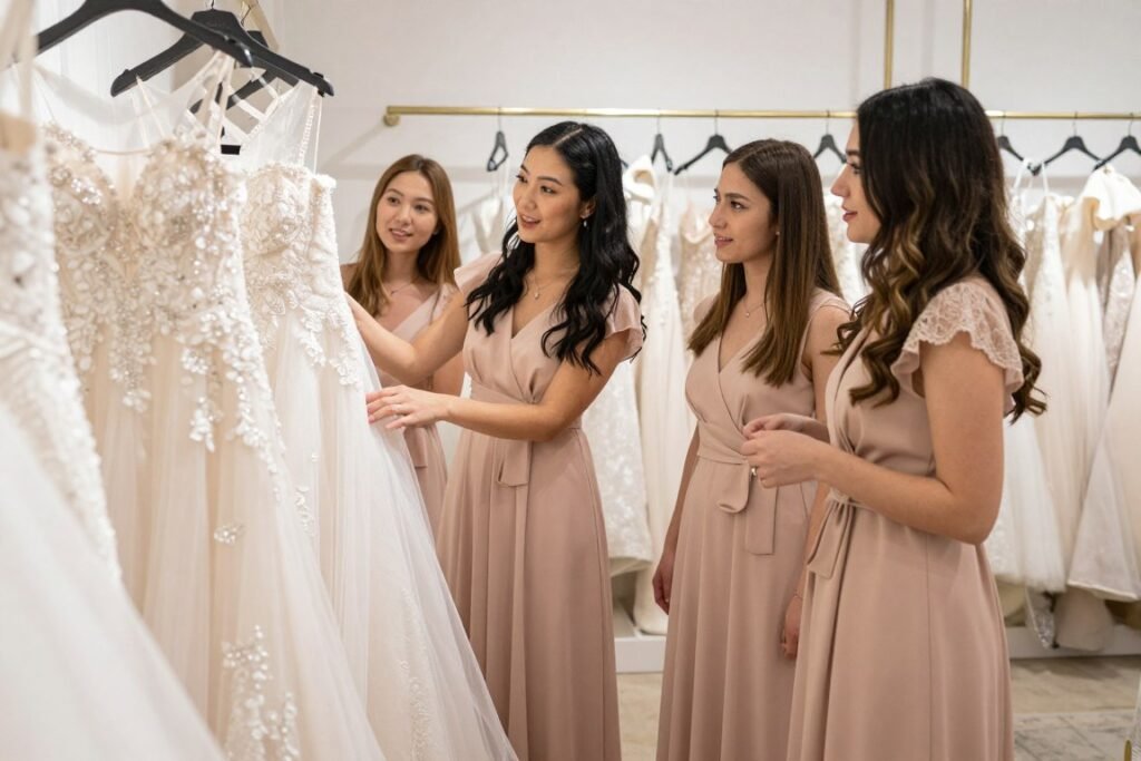 bridesmaids shopping together for dresses