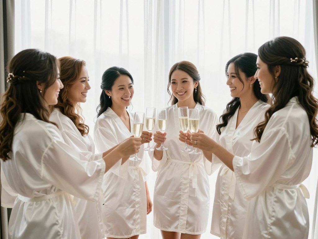 bridesmaids toasting champagne in robes