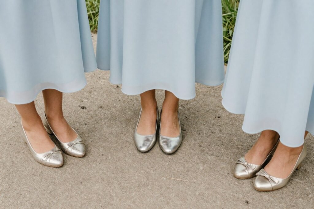 bridesmaids wearing coordinated shoes with light blue dresses