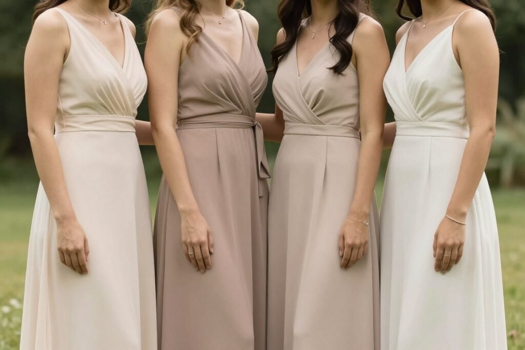 bridesmaids wearing different neutral dress shades showing color coordination
