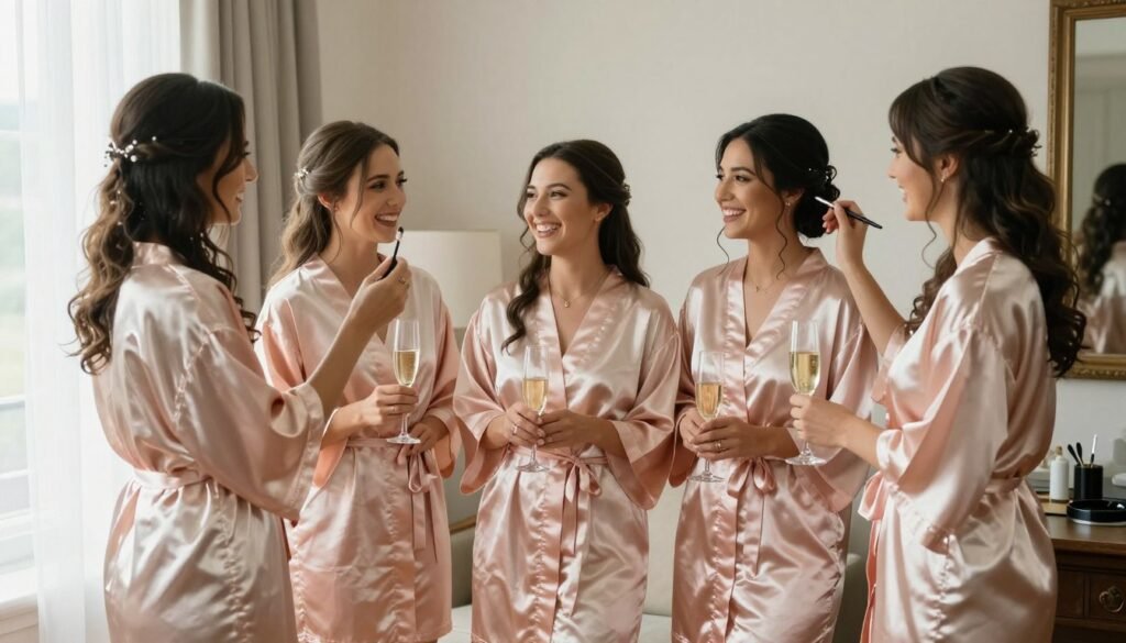 bridesmaids wearing matching robes on wedding morning getting ready