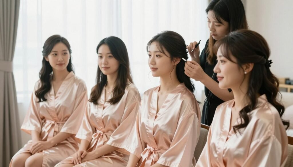 bridesmaids wearing matching silk robes while getting ready for wedding