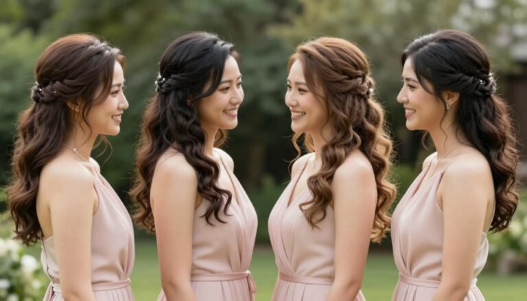 bridesmaids with flowing down hairstyles at outdoor wedding ceremony