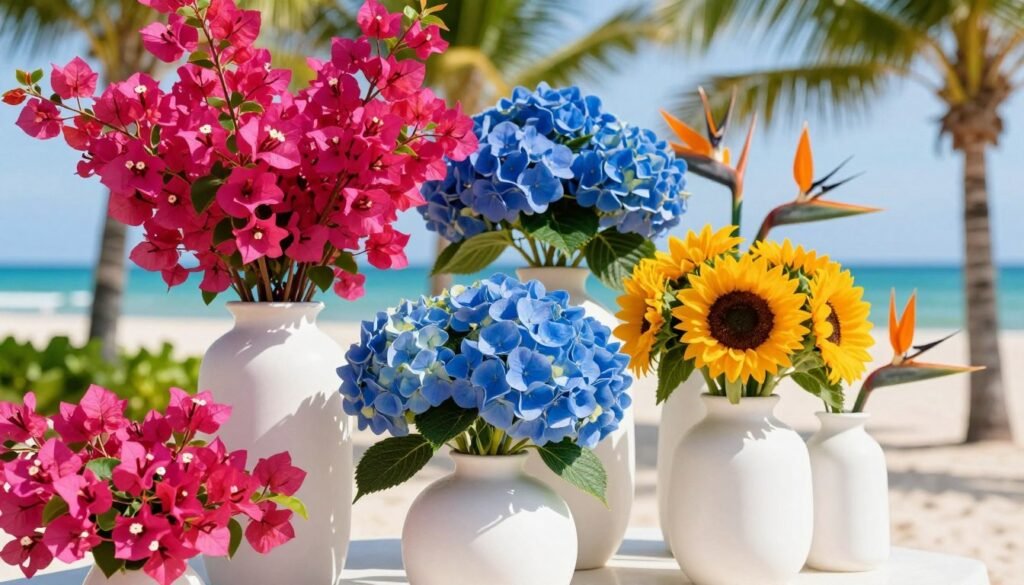 bright summer wedding color palette with tropical flowers and bold hues