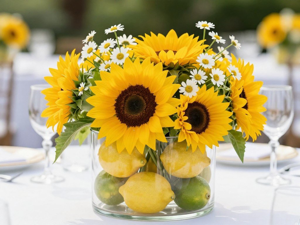 bright summer wedding table with citrus fruit centerpiece