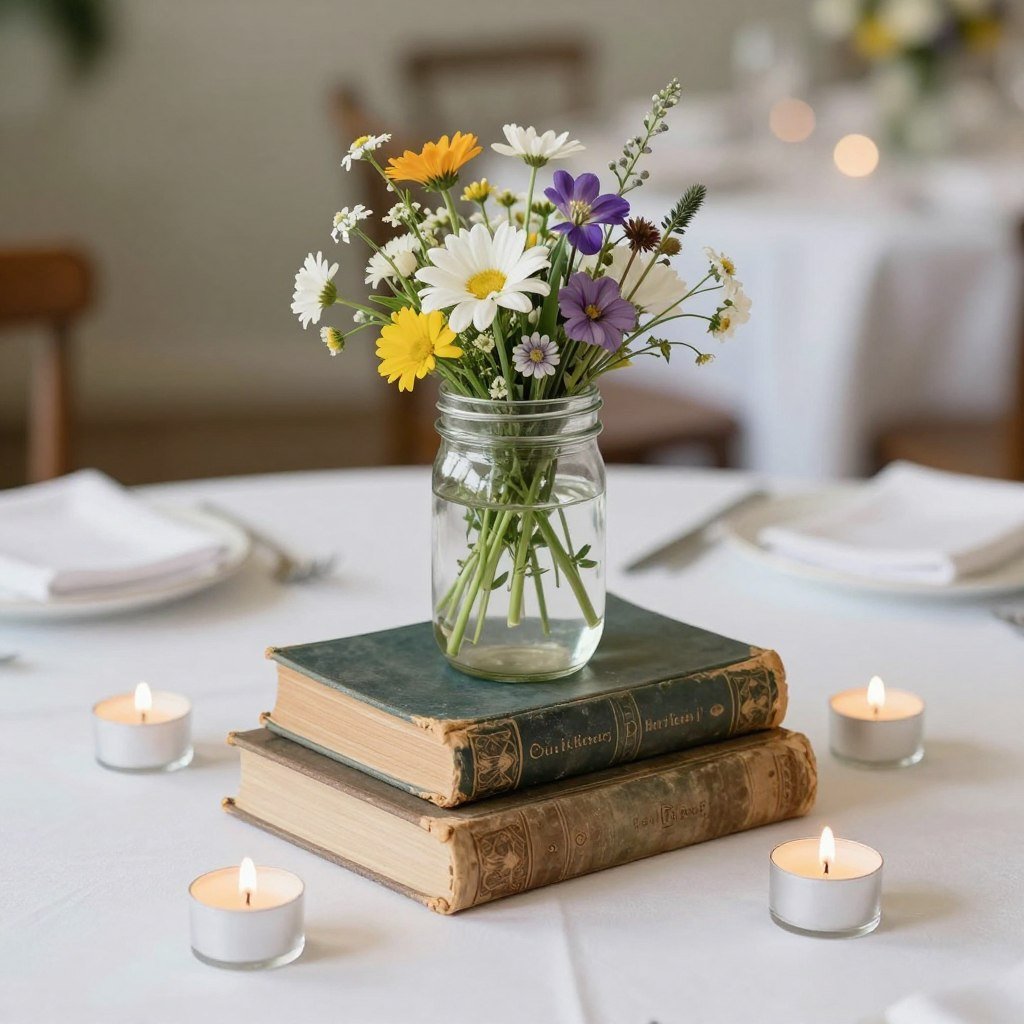 budget-friendly wedding centerpiece with vintage books and candles