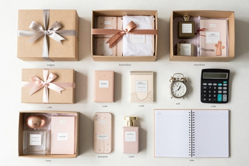 budget planning spread with bridesmaid gift box components organized by price point