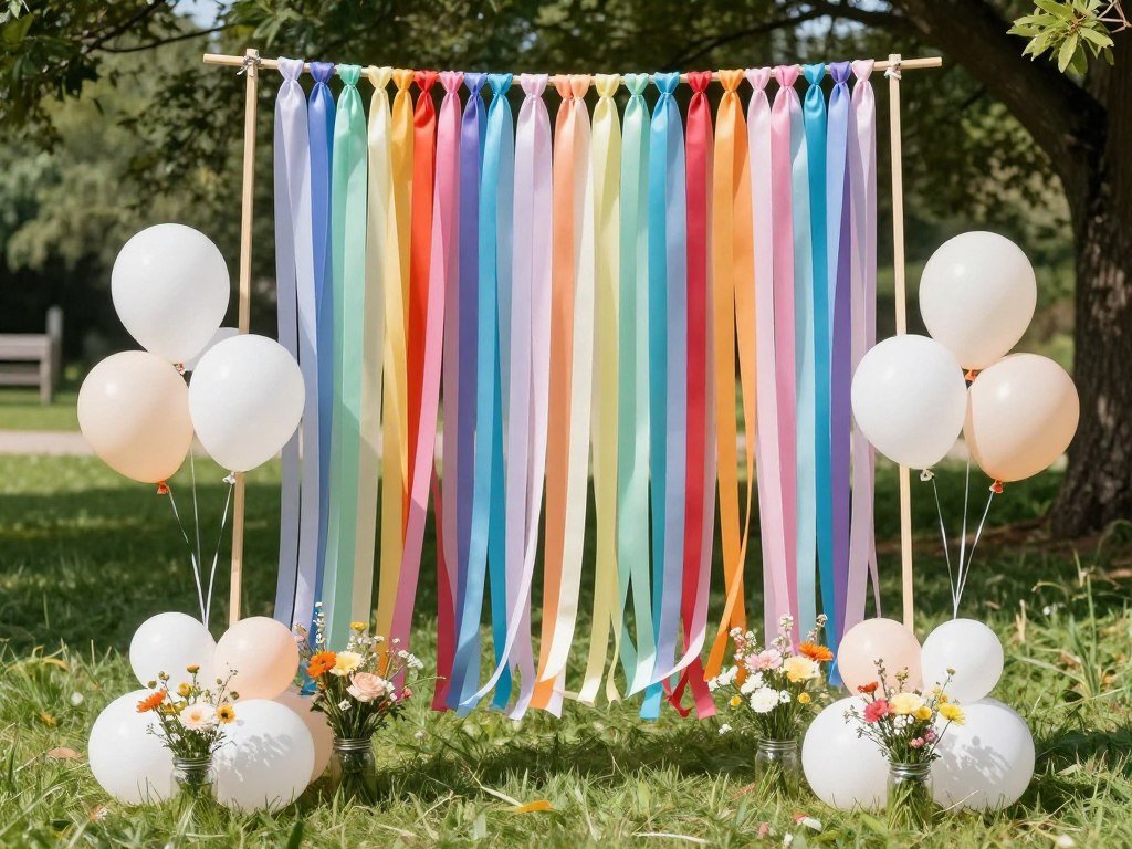 budget wedding altar with ribbon backdrop and balloons