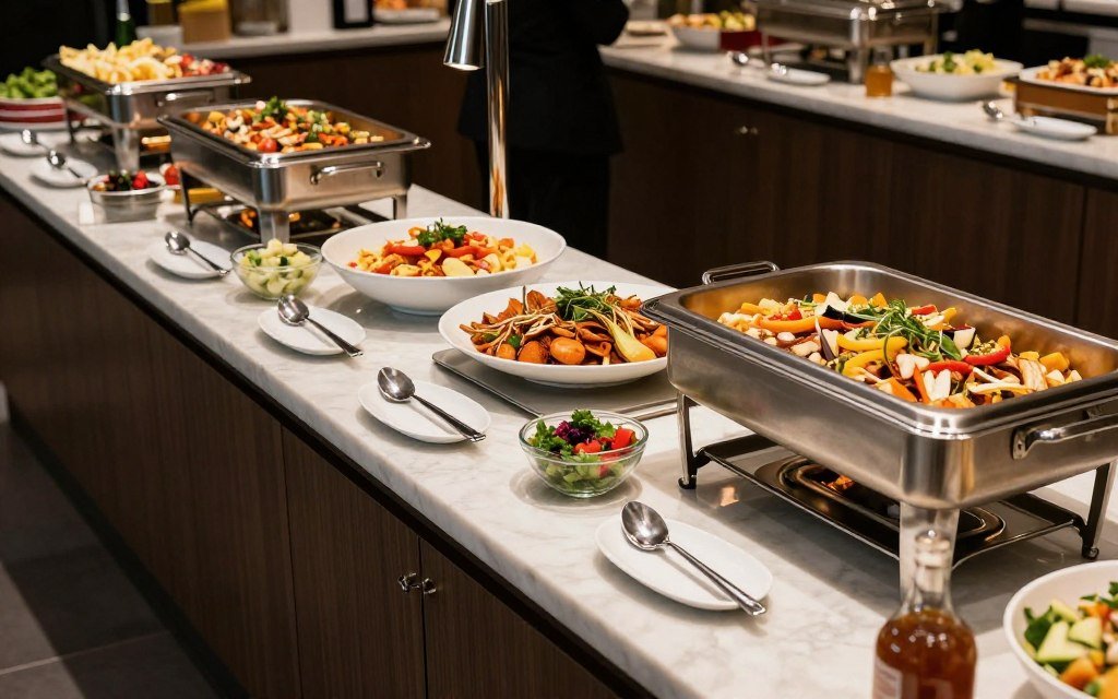 buffet food stations with variety of dishes and serving setup buffet food stations with variety of dishes and serving setup