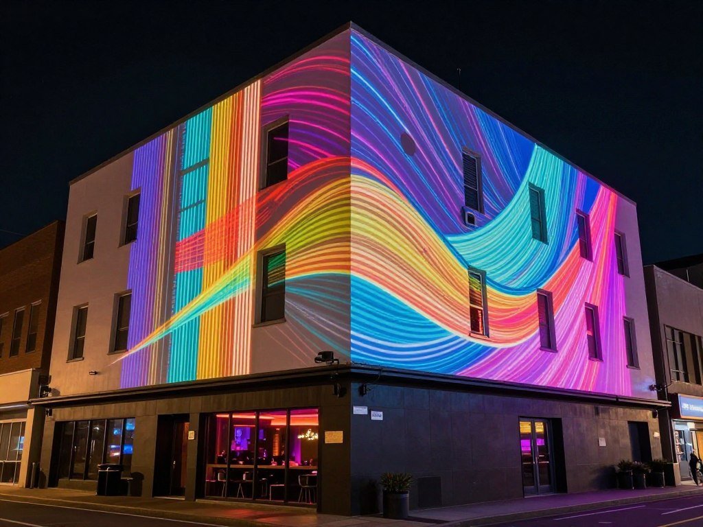 building facade with colorful projection mapping display