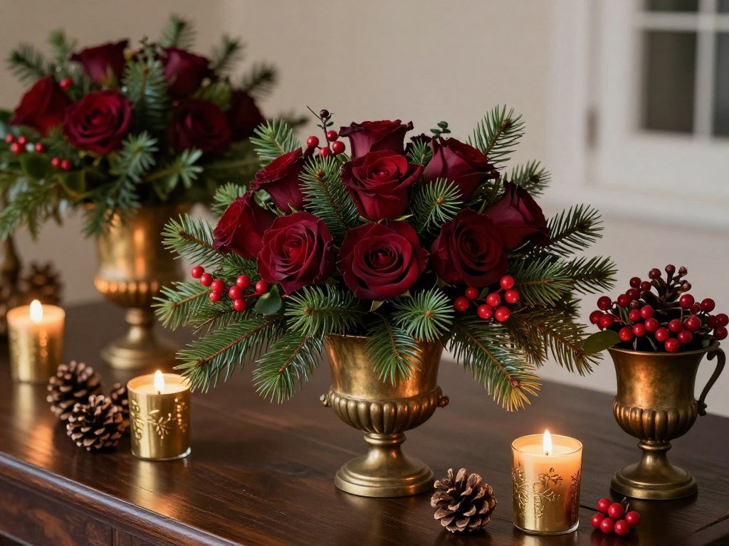 burgundy and evergreen winter wedding with gold accents and candles