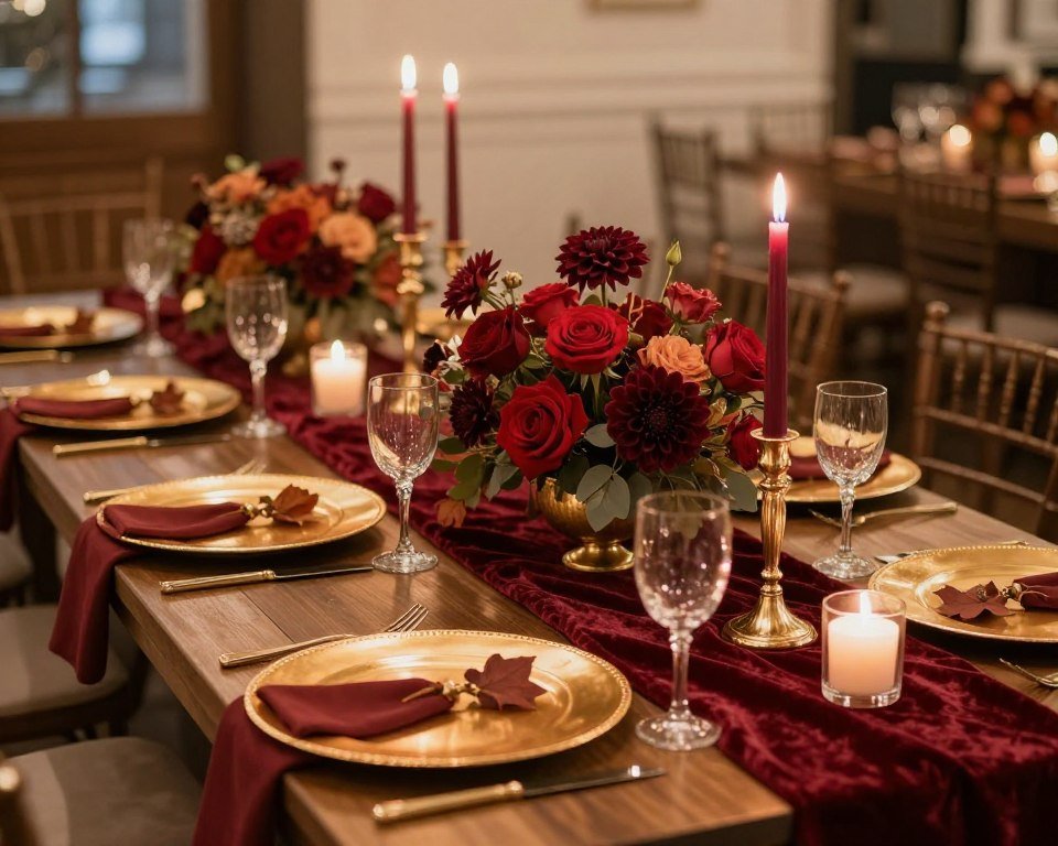 burgundy and gold wedding reception with romantic candlelight