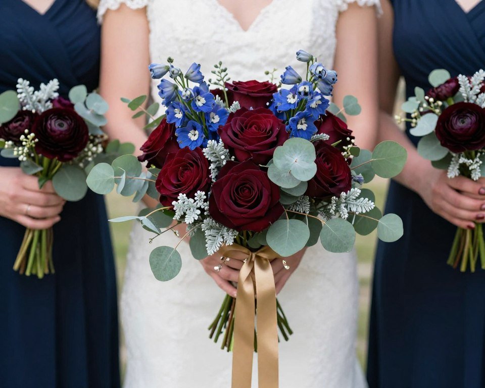 burgundy and navy christmas wedding bouquet with gold ribbon burgundy and navy christmas wedding bouquet with gold ribbon