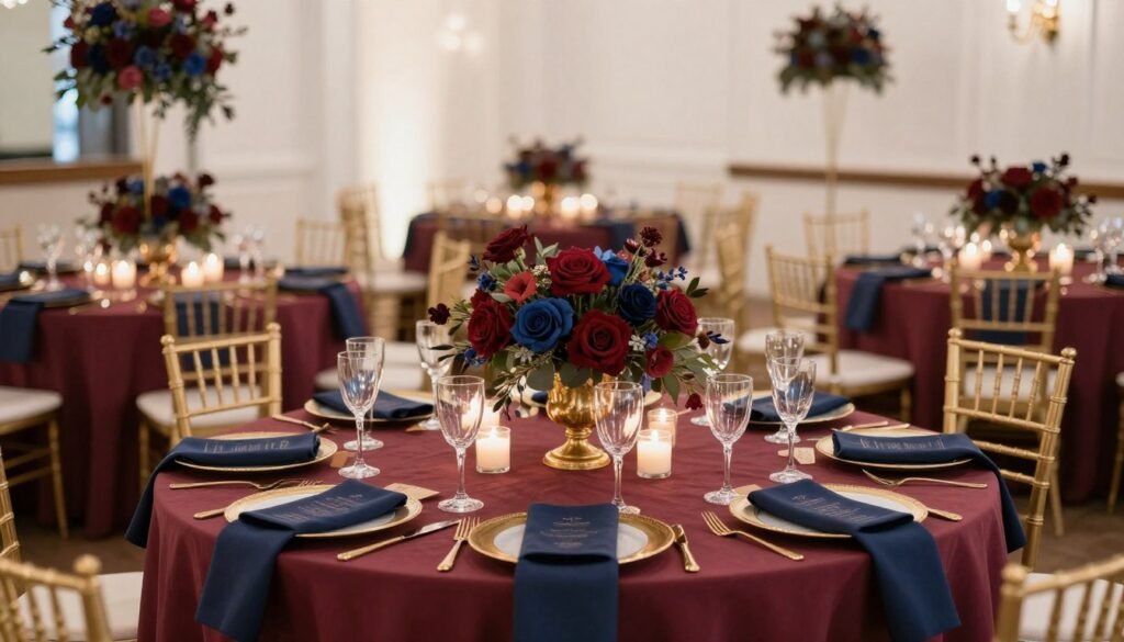 burgundy and navy wedding reception with elegant table settings