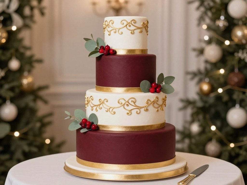 burgundy and white christmas wedding cake with gold details and evergreen burgundy and white christmas wedding cake with gold details and evergreen